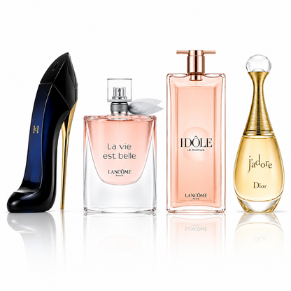 PAGA 1 E RICEVI 4! Set esclusivo di profumi da donna premium: Good Girl, La Vie Est Belle, Lancôme Idôle e J'adore (Eau de Parfum, 100 ml ciascuno)
